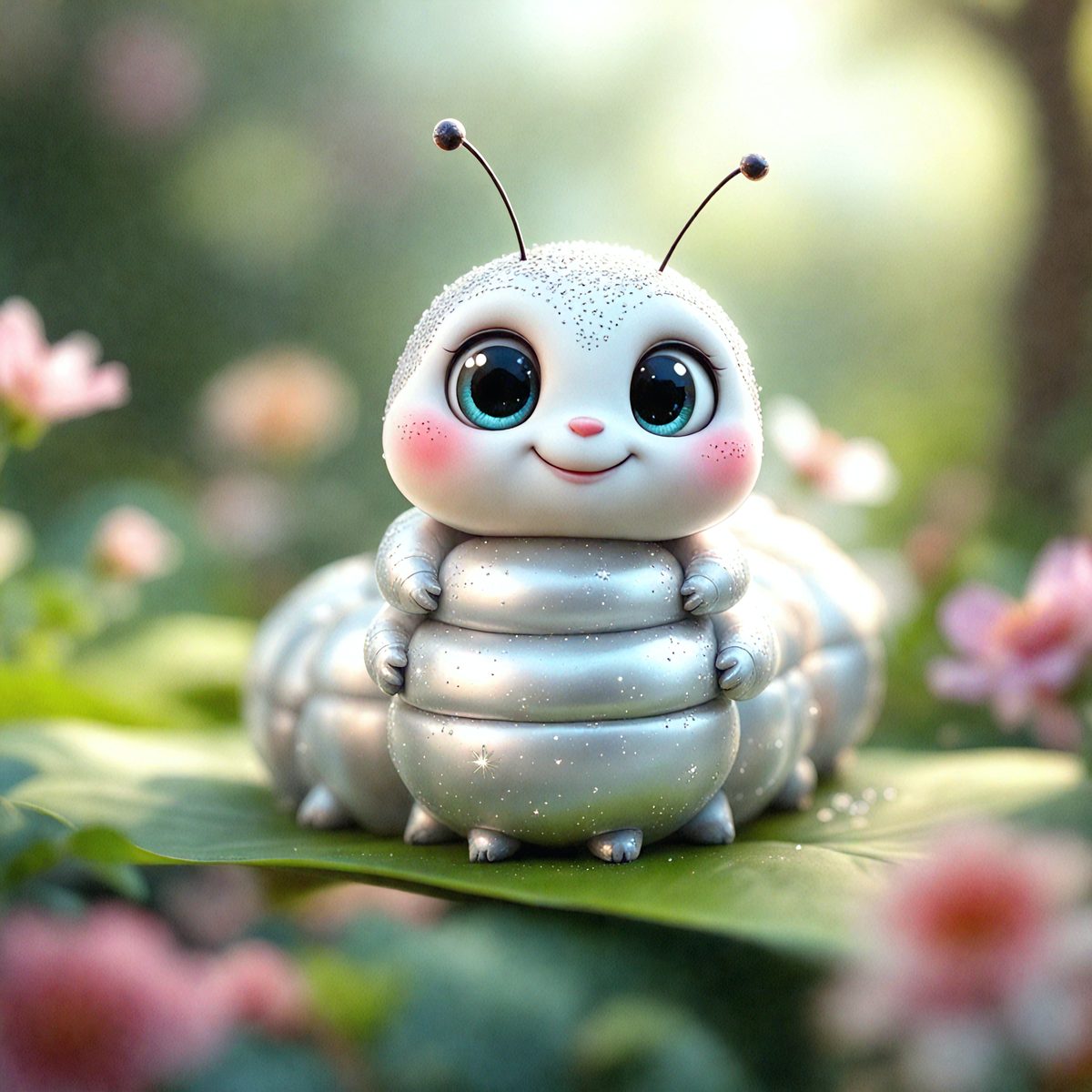 The primary subject of the image is a small, cute, and colorful toy caterpillar. The toy is sitting on a leaf, surrounded by a variety of flowers. The setting is a garden, with the toy caterpillar being the main focus of the image. The visual style is a combination of photo and digital art, creating a whimsical and charming scene. The colors and mood of the image are bright, cheerful, and inviting, with the toy caterp